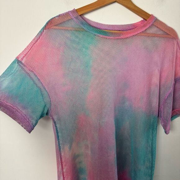 Pastel Rainbow Pink Blue Fishnet Mesh Swim Cover Up and Festival Dress One Size - Picture 7 of 13